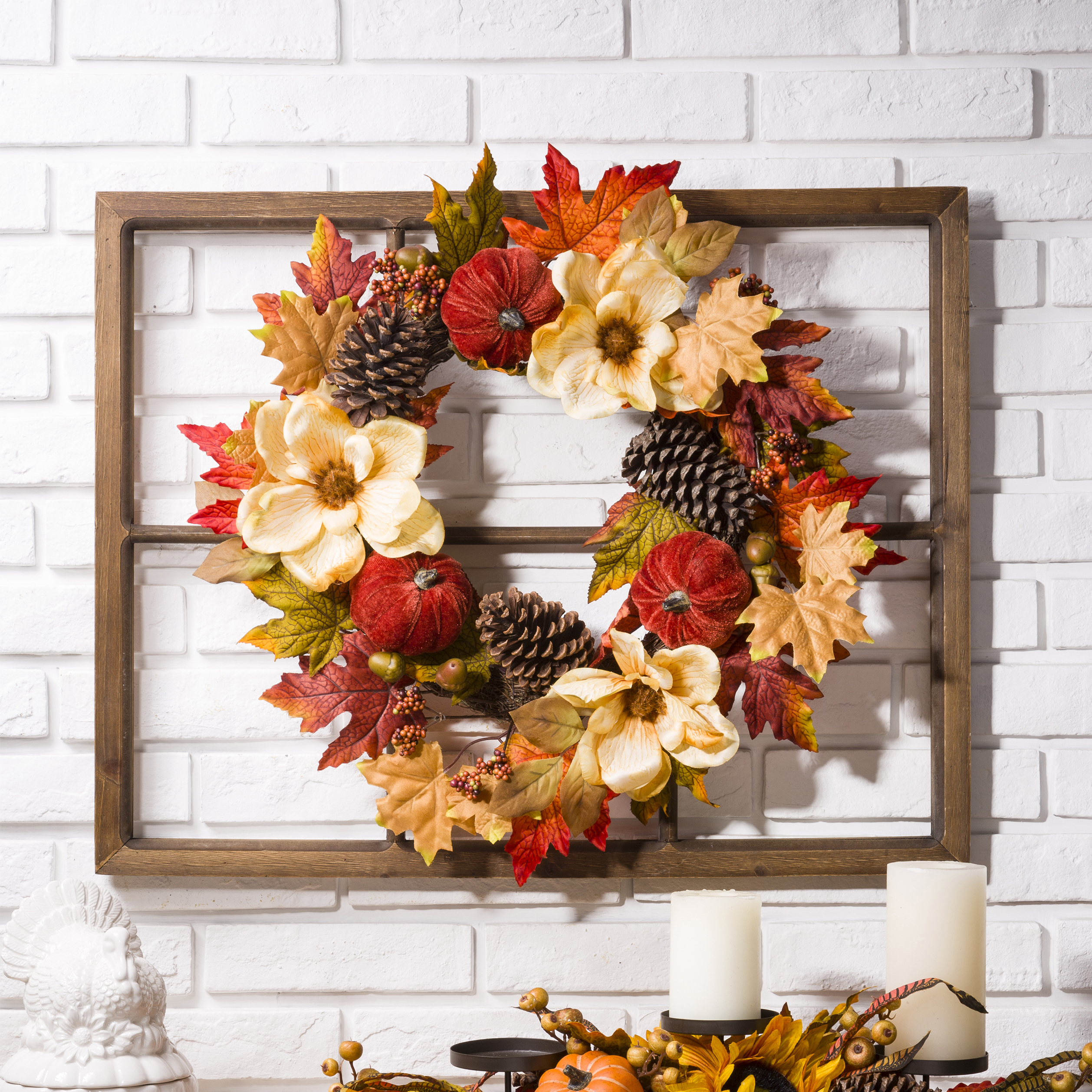 Glitzhome Wooden Window Frame with Blooming Magnolia Wreath - Walmart ...