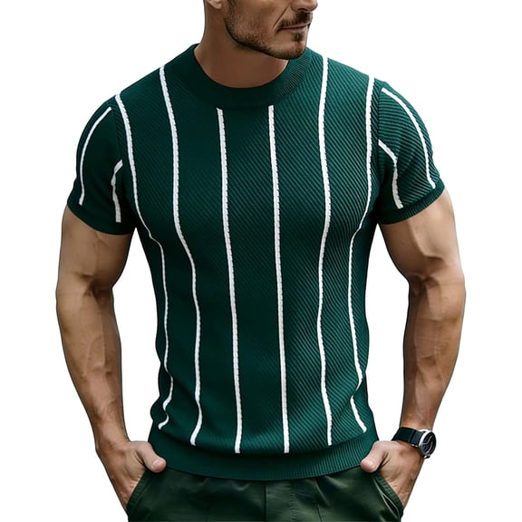 Ecqkame Mens Shirts Knitted Pit Stripe Slim Fit Textured Breathable Shirt Crew Neck Short Sleeve Casual Athletic Stretch Tops Green XXL