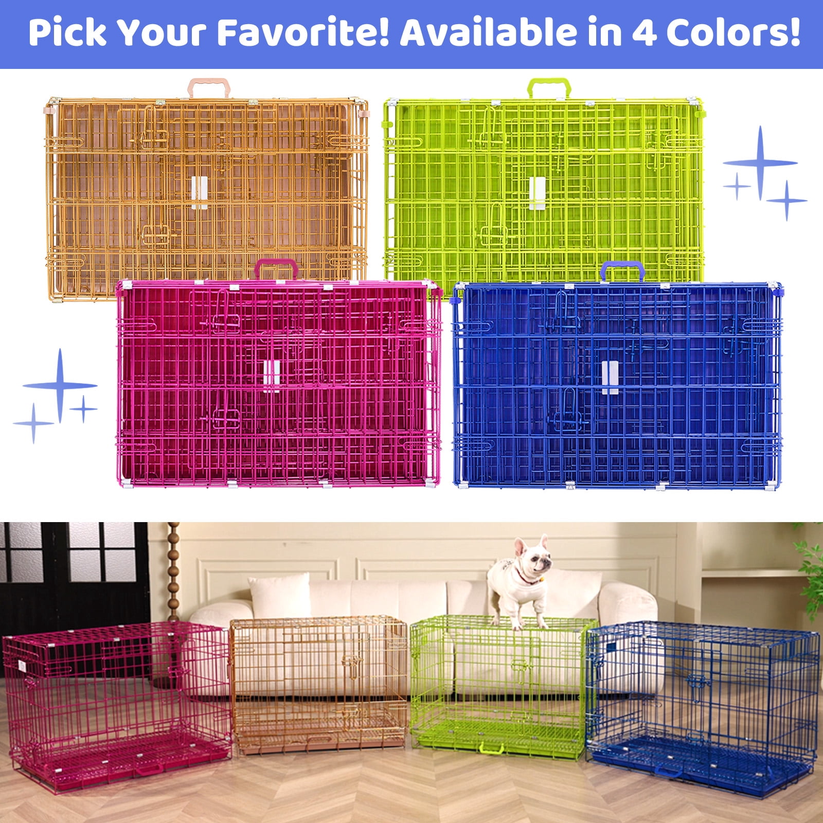 Homey Pet 30 Inch Medium Dog Crate, Royal Blue Dog Cage Small, Foldable Inside Dog Kennel Nano-Coated Metal Wire Dog Crates with Removable Floor Grid Tray, Double Doors Dual Locks, Portable Handle