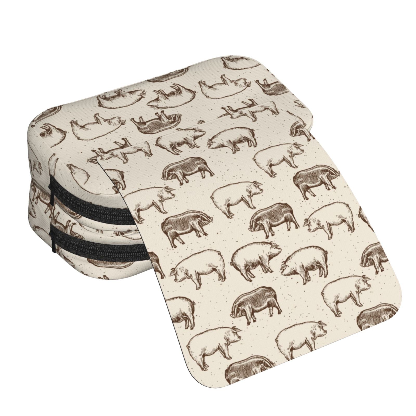Rateoe Vintage Farm Pigs Pattern Double Clamshell Pen Case, Storage Organizer with Two Zipper Compartments– Holds Up to 50 Pencils & Pens