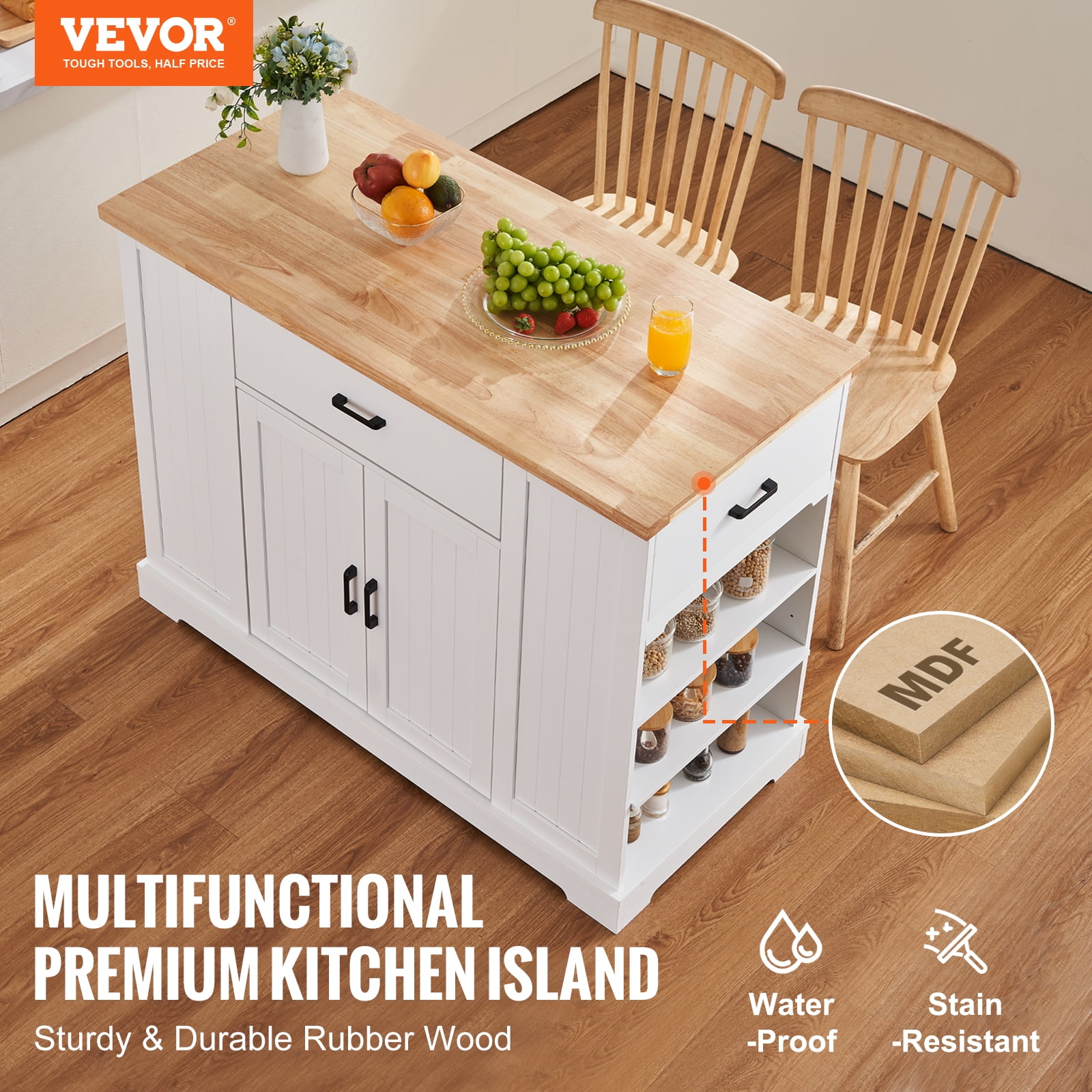 VEVOR Kitchen Island Cart, 46" Wood Top Breakfast Bar with Storage Cabinet, Farmhouse Kitchen Table with Adjustable Shelf, Drawer, for Dining Kitchen Living Room, White