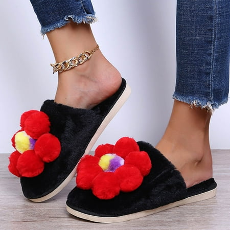 

Wefuesd Women S Fashion Colored Flower Decorated Plush Warm Closed-Toe Shoes Slippers Womens Slippers Slippers For Women Indoor Red 39