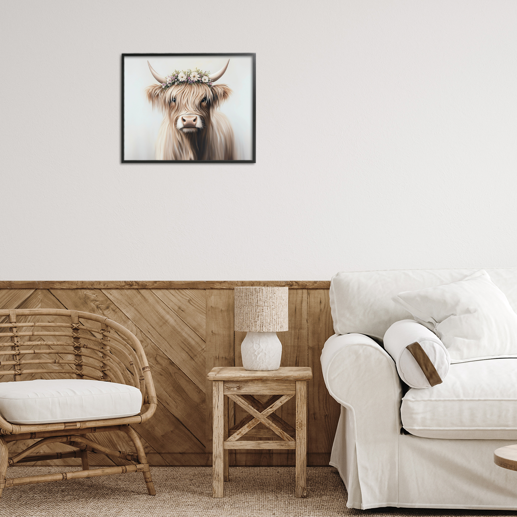 Shaggy Cattle Floral Crown Black Framed Giclee Art, design by Shawna Stewart