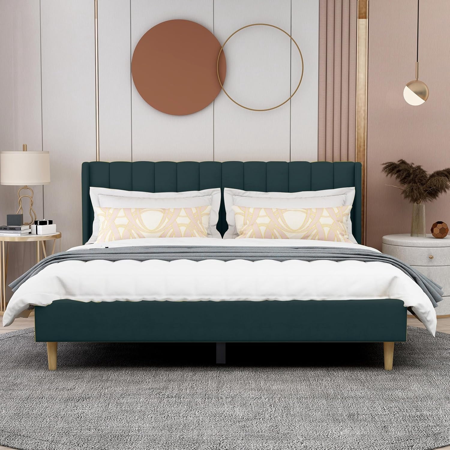 AGARTT Upholstered Platform King Size Bed Frame with Headboard Wooden Slats Support,Green Velvet