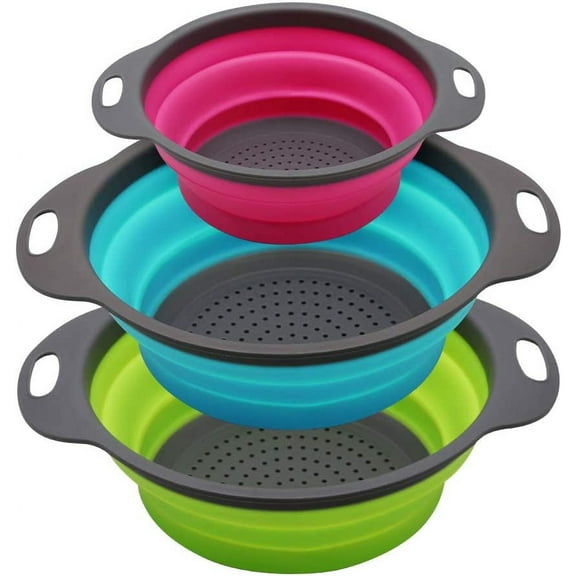 Jayzee Collapsible Colander Set of 3 Round Silicone Kitchen Strainer Set - 2 pcs 4 Quart and 1 pcs 2 Quart- Perfect for Draining Pasta, Vegetable and fruit (green,blue, purple)