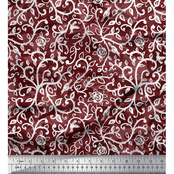 Soimoi Viscose Chiffon Fabric Leaves,Bird & Rose Flower Decor Fabric Printed Yard 42 Inch Wide