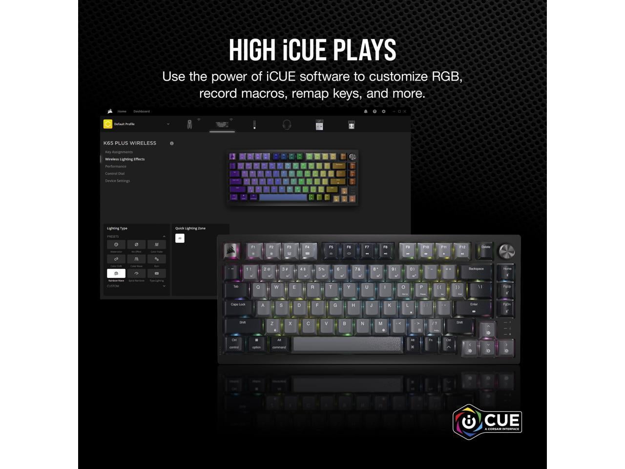 CORSAIR K65 PLUS WIRELESS 75% RGB Mechanical Gaming Keyboard - Pre-Lubricated CORSAIR MLX Red Linear Switches - 2.4GHz Wireless - Bluetooth®
