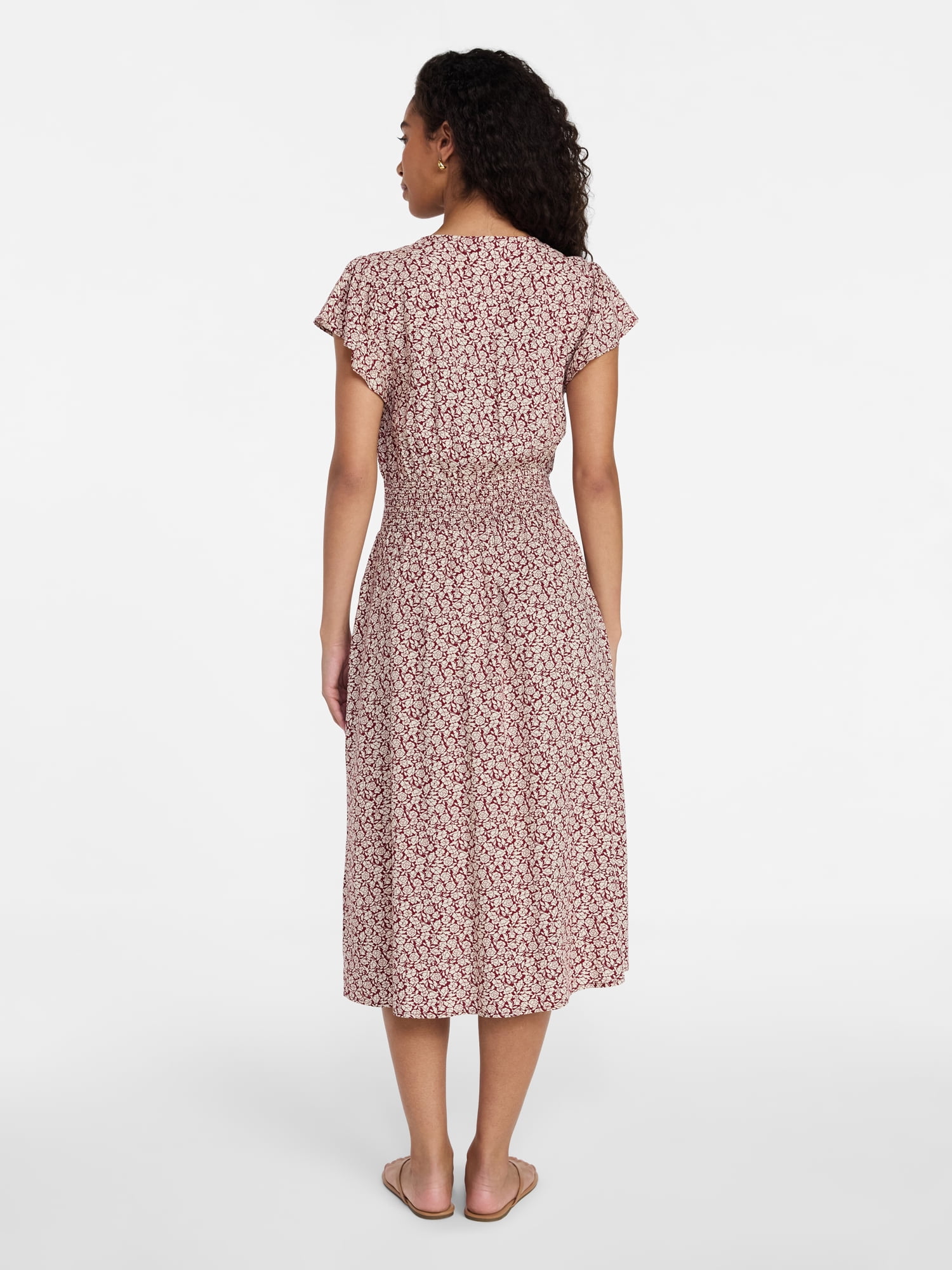 Time and Tru Women’s and Women’s Plus Smocked Waist Midi Dress with Flutter Sleeves, Sizes XS-4X