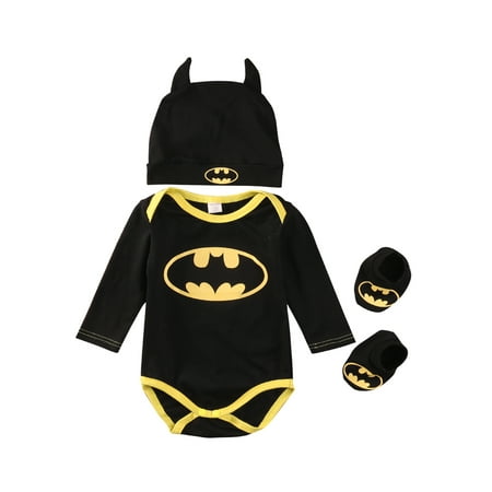 

Sunisery 3Pcs My First Halloween Newborn Infant Baby Boy Girl Batman Romper Long Sleeve Hooded Jumpsuit Toddler Outfits