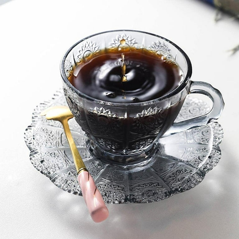 DanceeMangoo Clear Glass Cup & Saucer Set, 6 Oz Scented Tea Cup Coffee Mug,  Pumpkin Stripes 