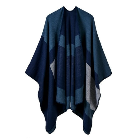 - Women Poncho Cardigan Sweater Contrast Color Geometric Plaid Striped Cashmere Capes Shawl Scarf Outerwear