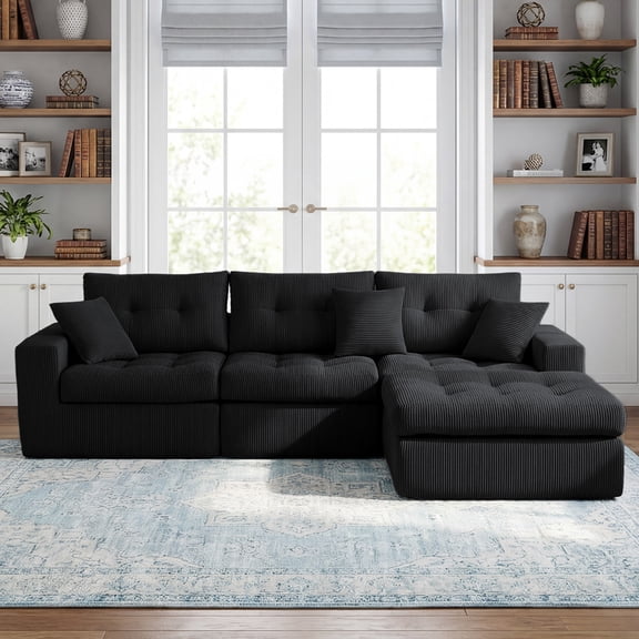 Corduroy Corner Chaise Compression Convertible Sofa Couch with Chaise, 3 Seat L-Shaped Sectional Couch with High-Density Sponge for Living Room, Apartment,Guest Room, No-Assembly Required, Black