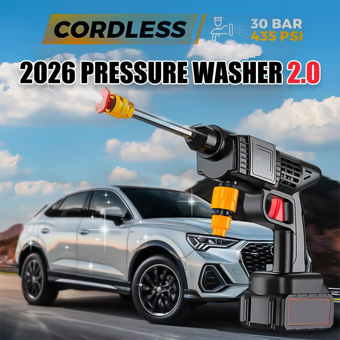 Portable Jet Power Washer, 2026 New Cordless Pressure Washer 2.0, 435PSI Handheld Water High Pressure Cleaner, 12000 mAh Battery Powered, with 6-in-1 Nozzle for Spray, Sweep, Foam (1*Battery)