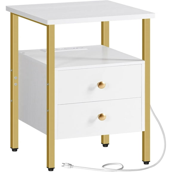 End Table with Charging Station, Nightstand with 2 Drawer & USB Ports & Power Outlets, Bedside Table for Small Spaces, Stable and Sturdy, for Living Room, Bedroom, White and Gold