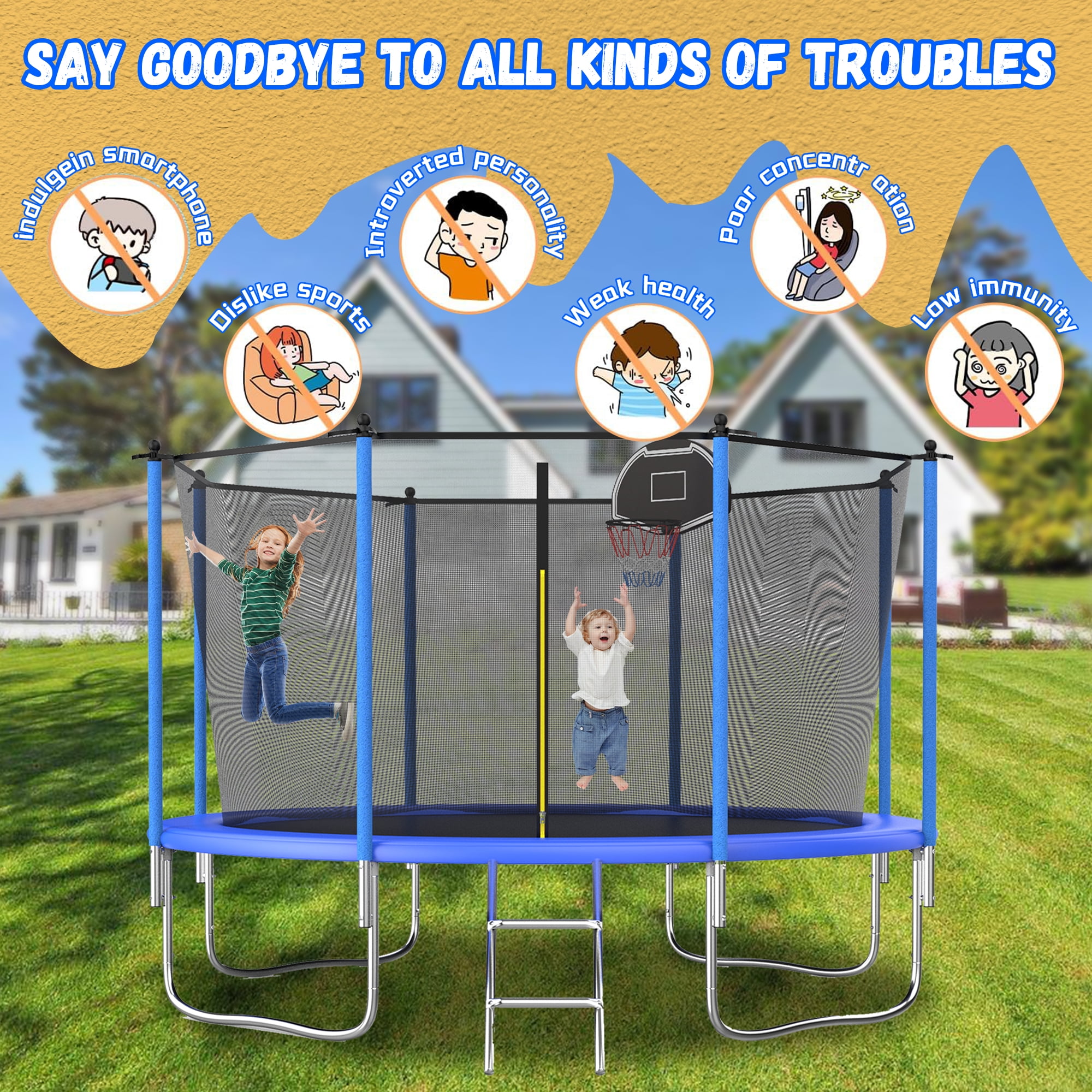 Shengchao Trade 1000LBS 10FT Trampoline for Adults and Kids,Trampoline with Enclosure,Basketball Hoop, Recreational Trampoline with Ladder, Heavy Duty Trampoline Capacity for 4-6 Kids