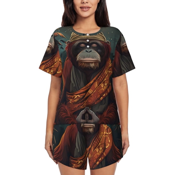 Balery Banana Leaf Meditating Gorilla Conjunto de Pijama para Mujer con Estampado, Dos Piezas de Manga Corta y Shorts, Ropa de Dormir Suave con Cuello Redondo y Bolsillos-4X-Large