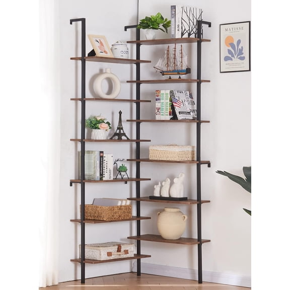 Corner Bookshelf,12-Tier L Shaped Bookshelf, Double Wide Corner Wall Mount Bookcase with Metal Frame and Wood, Modern Industrial Corner Shelf for Living Room, Kitchen, Home Office Brown
