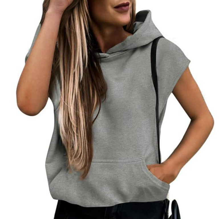 Mrat Women's Summer Hoodie Sleeveless Hooded for Athletic Exercise Relaxed  Breathable Active Sleeveless Drawstring Hoodie Sports Hooded Sweatshirt  Teen Girls Casual Tops Gray XL 