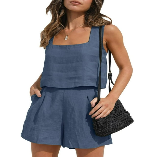 Tenues 2 Pcs pour Femmes Ensemble Assorti en Lin Débardeur Court avec Shorts Ensemble de Vacances Tendance d'Été