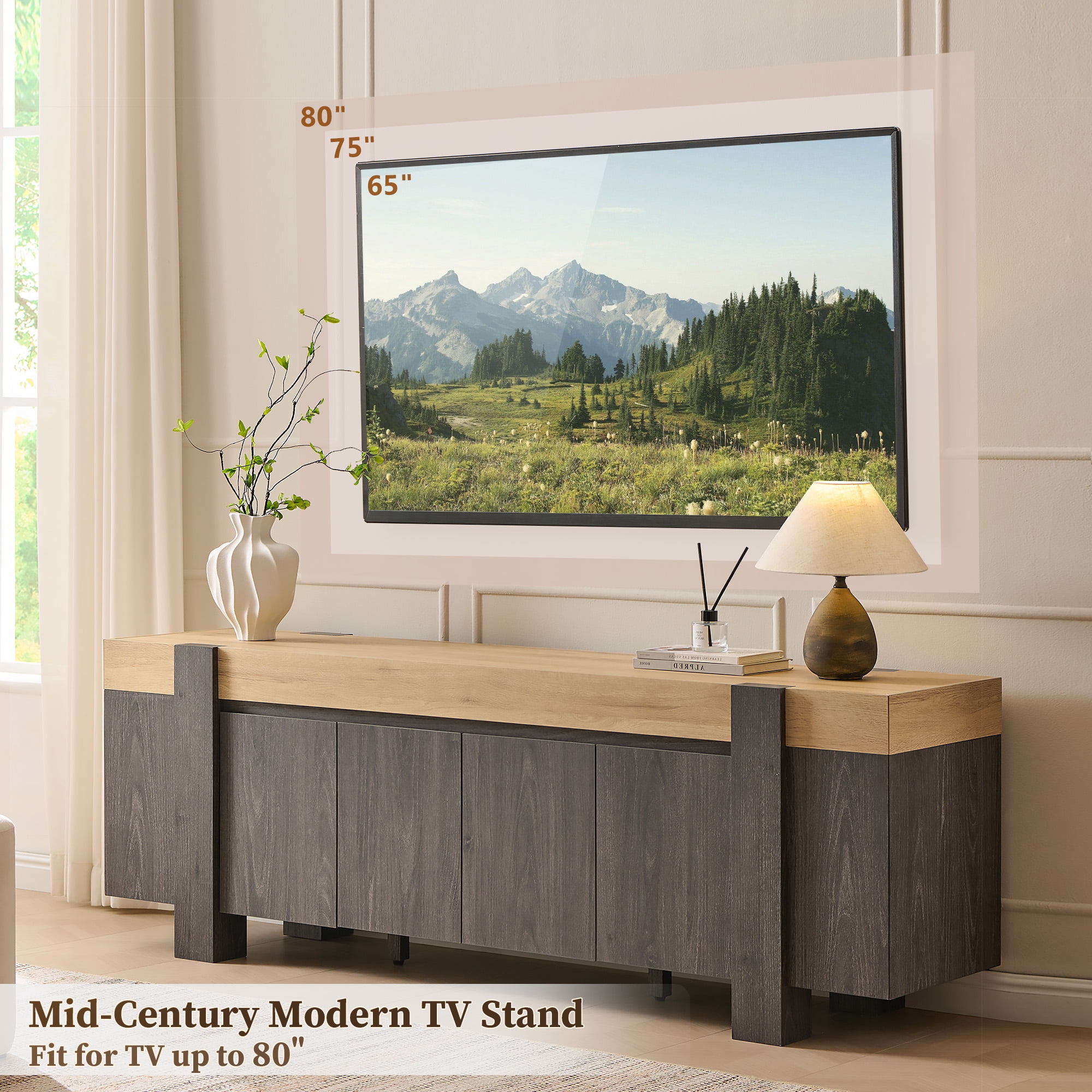 KeyWhat TV Stand for TVs Up to 80", Modern Farmhouse Entertainment Center with Storage Cabinet, Media Console Table for Living Room, Natural Oak with Dark Alder