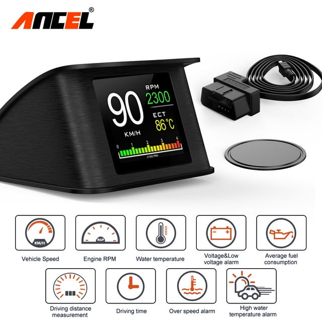 ANCEL P10 HUD Car Head-up Digital Display Gauge Tool with a 2.6-inch TFT LCD multi-color screen. Displays driving data such as speed, engine RPM, water temperature, voltage, and fuel consumption. Functions as an OBD2 scanner and code reader for 12V 16-pin cars. Features black metal design, smart core technology, and automatic power on/off. Ideal for vehicle diagnostics and monitoring.