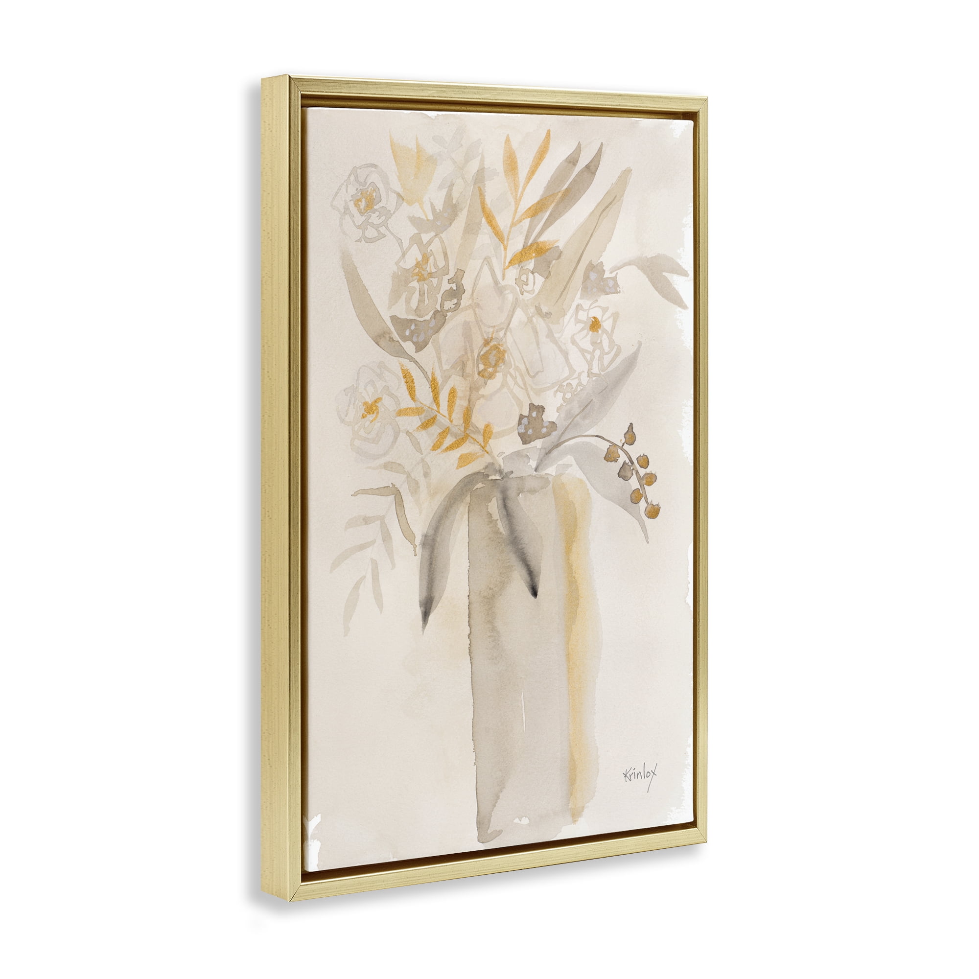 Stupell Industries Earthy Soft Flower Vase Gold Framed Floater Canvas Wall Art, design by Krinlox
