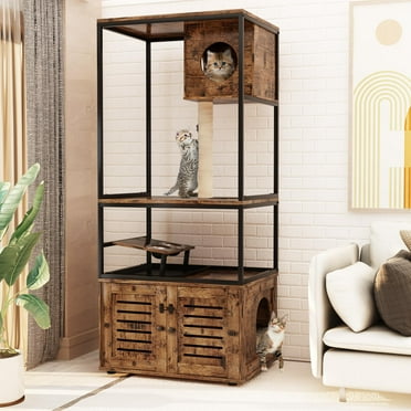 AWQM Large Cat Litter Box Furniture, Cat Tree Tower with Scratching Post and Cat House Condo, Wooden Cat Cabinet with Doors and Cat Feeding Bowl, Rustic Brown