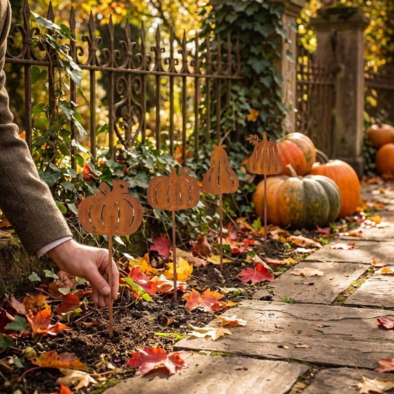 MMJ 4 Pack Metal Pumpkin Garden Stake Vintage Rustic Fall Harvest Yard Art Decor for Thanksgiving Outdoor Lawn Pathway 10.16x3.90x1.18in