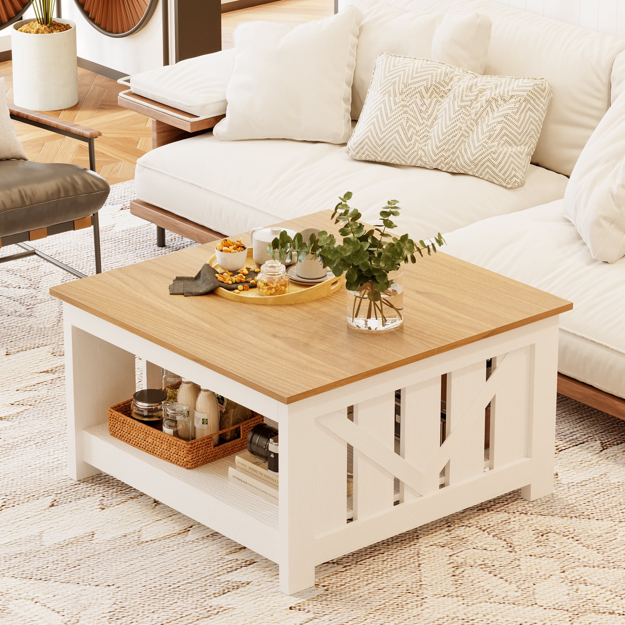 GUNAITO Lift Top Coffee Table with Storage Cabinet and 2 Compartments for Living Room, White, 31.5''Hx31.5''W in