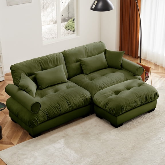 Over Size Modern Two-seater Sofa with Ottoman, Velvet 2-Seater with Round Bolster Armrests with Waist Pillow and Throw Pillows, Small L Shape Sofa for Living Room, Reading Room (Olive Green)