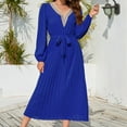 thumbnail image 2 of Women's Puff Sleeve Pleated Dress Solid Tie Waist Mid Length Dress V-Neck Patchwork Casual Dresses, 2 of 8