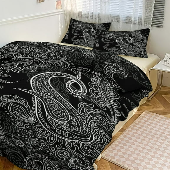 3 Pcs Soft Bedding Set, Includes 1 Duvet Cover with Zipper And 2 Pillow Shams,Black Paisley Pattern Twin(86"x70")