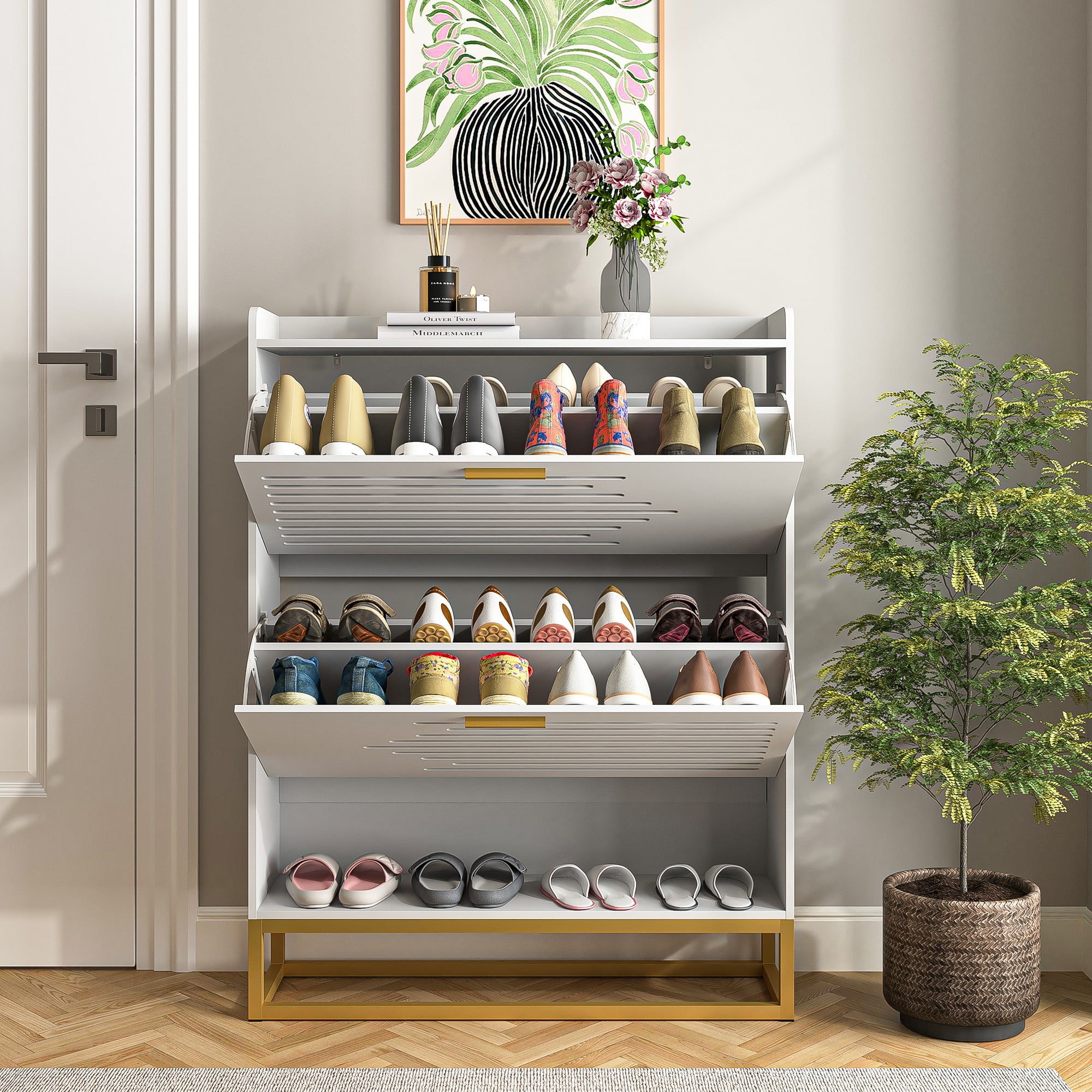 Finihen Shoe Cabinet, 2-Tier Shoe Storage Cabinet with Flip Doors, Vintage Entryway Shoe Organizer Rack with Open Shelves for Narrow Closet, Living Room, White Finihen Shoe Cabinet, 2-Tier Shoe Storage Cabinet with Flip Doors, Vintage Entryway Shoe Organizer Rack with Open Shelves for Narrow Closet, Living Room, White