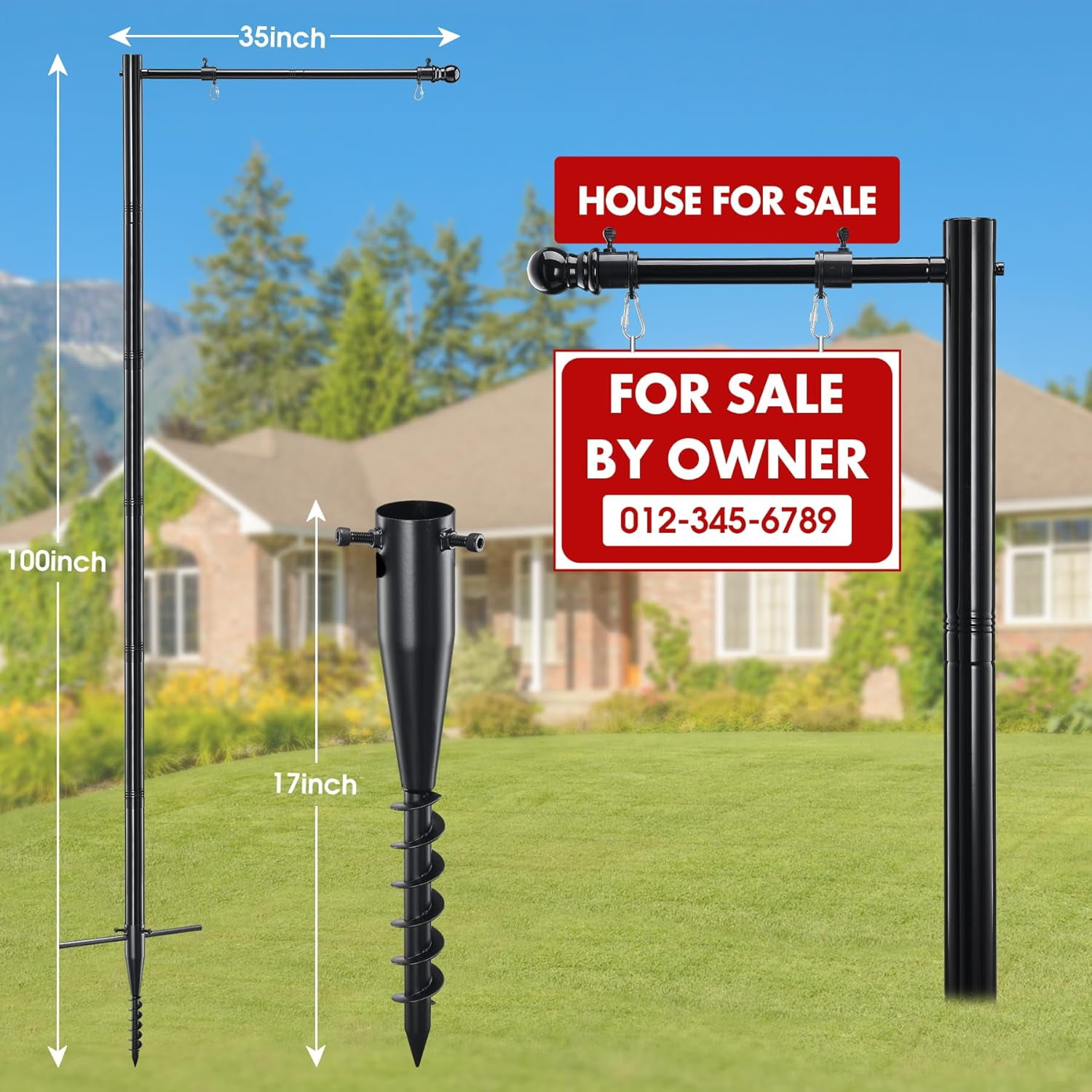 IHOMEPARK 100 inch Metal Adjustable Real Estate Sign Post for Sale Hanging Ads, Yard Sign Post, Black (No sign included)