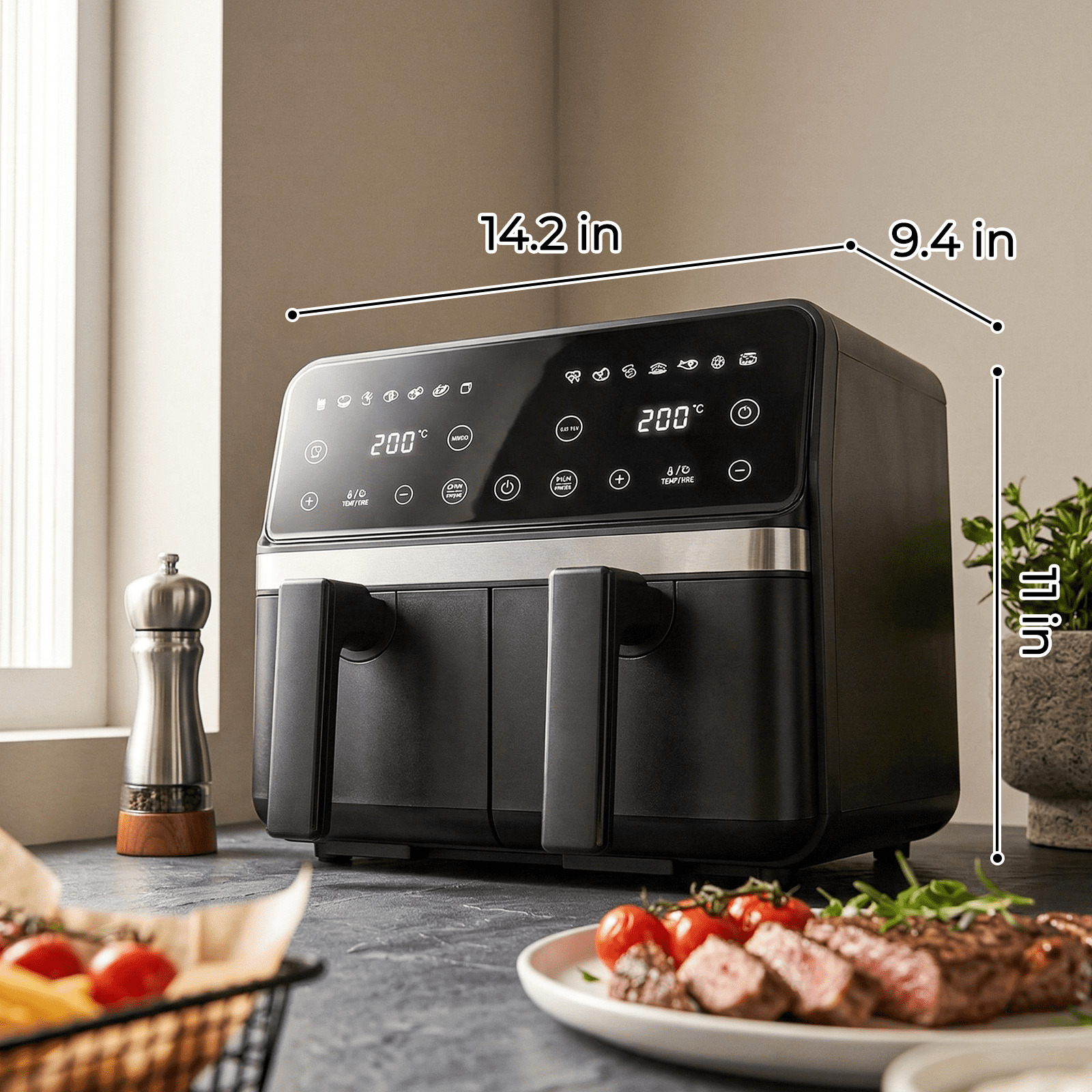 Dual Basket Air Fryer, XL Basket for 6 LB Whole Chicken, Double Stack Compact Design, 14-in-1 Functions with Reheat, Dehydrate, Black