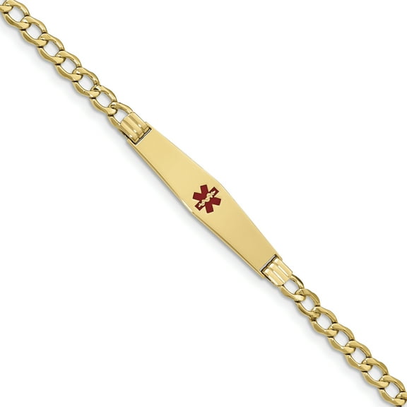 14K Yellow Gold Medical Soft Diamond Shape Red Enamel ID w Semi-Solid Cuban Bracelet