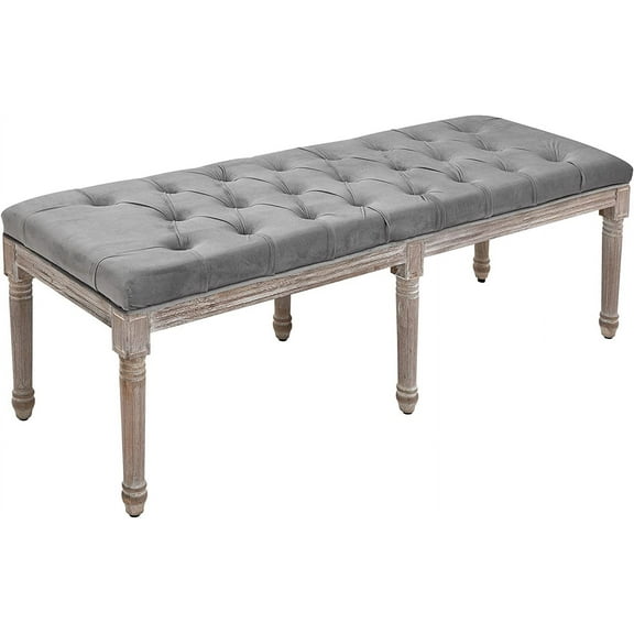 Bedroom End of Bed Bench, 56" Upholstered Entryway Bench with Button Tufted, Thick Padding and Wood Legs, French Vintage Linen-Feel Ottoman Bench for Hallway, Living Room, Gray