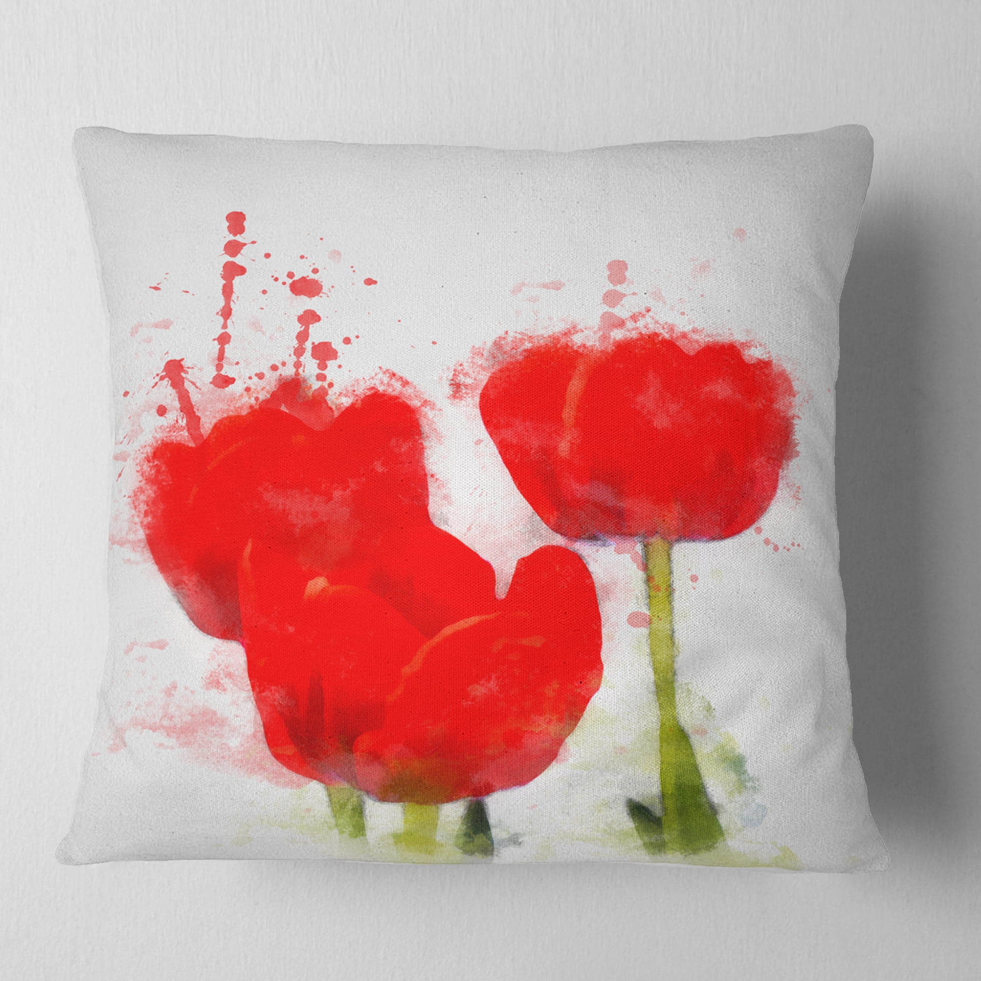 Designart Bright Red Tulip Flowers with Splashes - Floral Throw Pillow - 16x16
