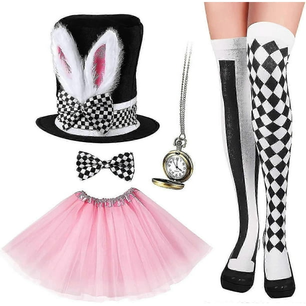 5 Piece White Rabbit Costume Set Rabbit Ear Top Hat Thigh Socks Rabbit Clock Necklace Bow Tie Rabbit Nose
