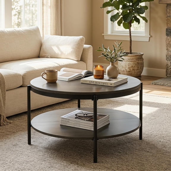 Manxile 2-Tier Round Coffee Table with Open Lower Shelf for Living Room