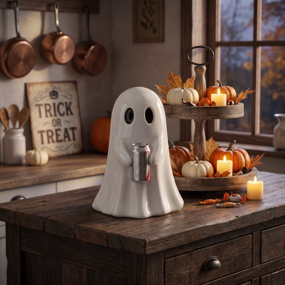 Halloween Cute Ghost Ghost Holding Coke, Ghost Coke Can Figurine Decor, Spooky Beverage Holder Figurine, Halloween Decorations for Tabletop, Party Decor (Silver)