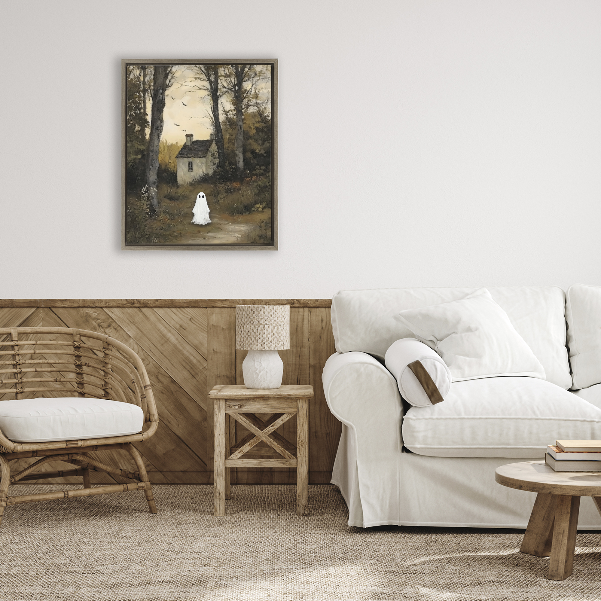 Little Ghost in Cottage Forest Brown Framed Floater Canvas Wall Art, design by Arlington Prints