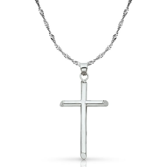 14K White Gold Classic Cross Pendant with 1.2mm Singapore Chain Chain Necklace - 24"