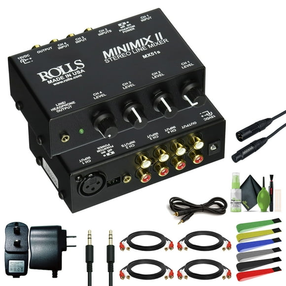 Rolls MX51S Mini-Mix 2 Quatre Canaux Stéréo Ligne RCA Mixer Bundle avec Câble aux + RCA + Câble Audio 3,5 Mm 1/8" Mono Mâle à RCA + XLR Mâle à Femelle + kit de Nettoyage et Sangles de Fil
