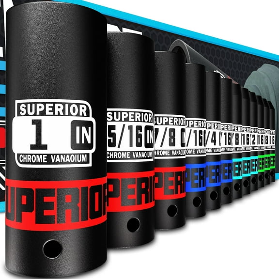 1/2" Drive Deep Impact Socket Set, SAE, CR-V Material, 6 points, 3/8" to 1", Cars, 12pcs