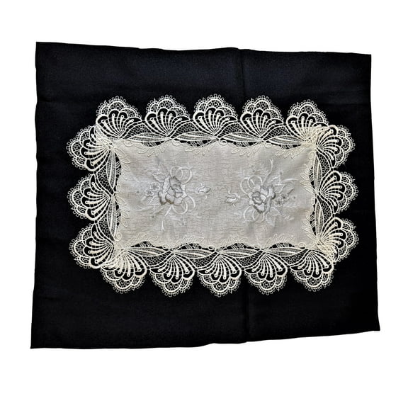 Doily Boutique Place Mat or Doily with Gray, Silver, and White Roses on Fabric with Lace Size 19 x 13 inches