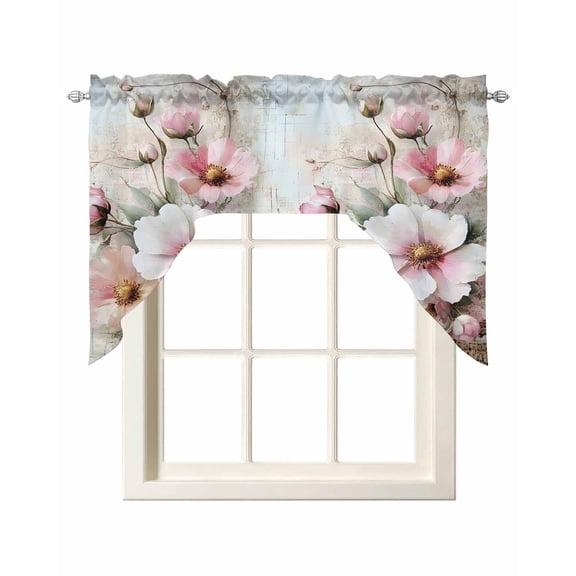 Pink Spring Floral Kitchen Curtains Swag Valance for Windows/Bathroom/Cafe, Vintage Botanical Retro Flowers Rod Pocket Drape Panel Swag Curtain Valance for Bedroom/Living Room 55''x36''