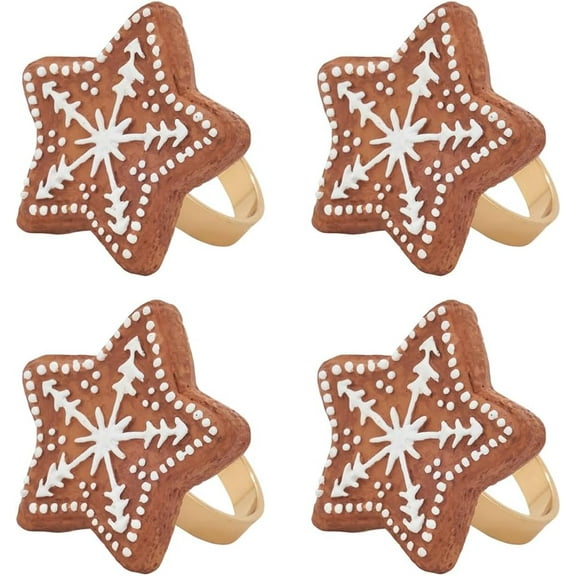 Fennco Styles Brown Gingerbread Star Design Napkin Rings, Set of 4 - Christmas Napkin Holders for Home Décor, Winter Festivals, Family Dinner, Banquets and Special Events