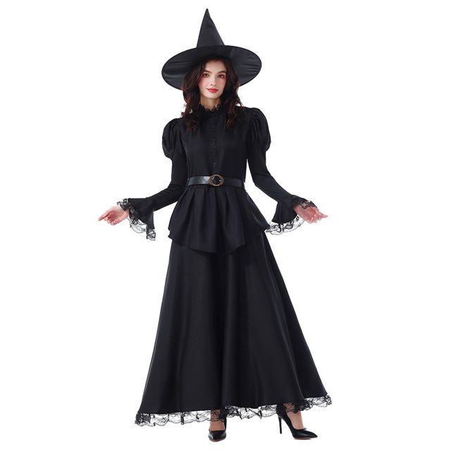 Vestido de manga larga con encaje de color liso para mujer, conjunto de sombrero y cinturón para Halloween, vestido de cosplay de poliéster para mujer