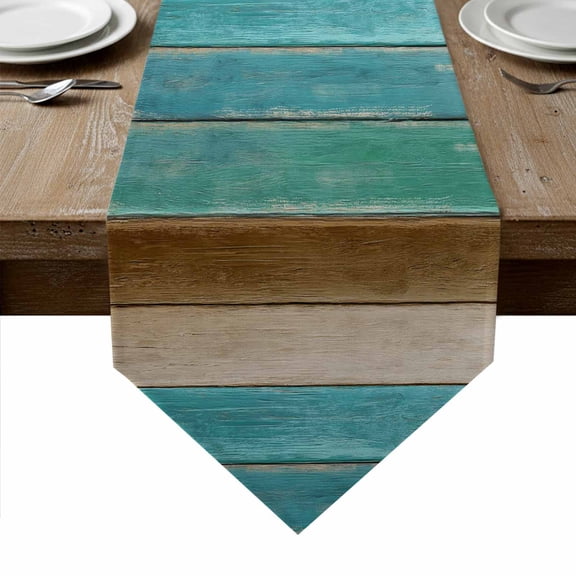 Brown Teal Blue Table Runner Linen Burlap Table Runner 90 Inches Long Vintage Wooden Art Farmhouse Dresser Scarves for Kitchen Island Coffee Dining Room Party Wedding Holiday Decoration 13"x90"